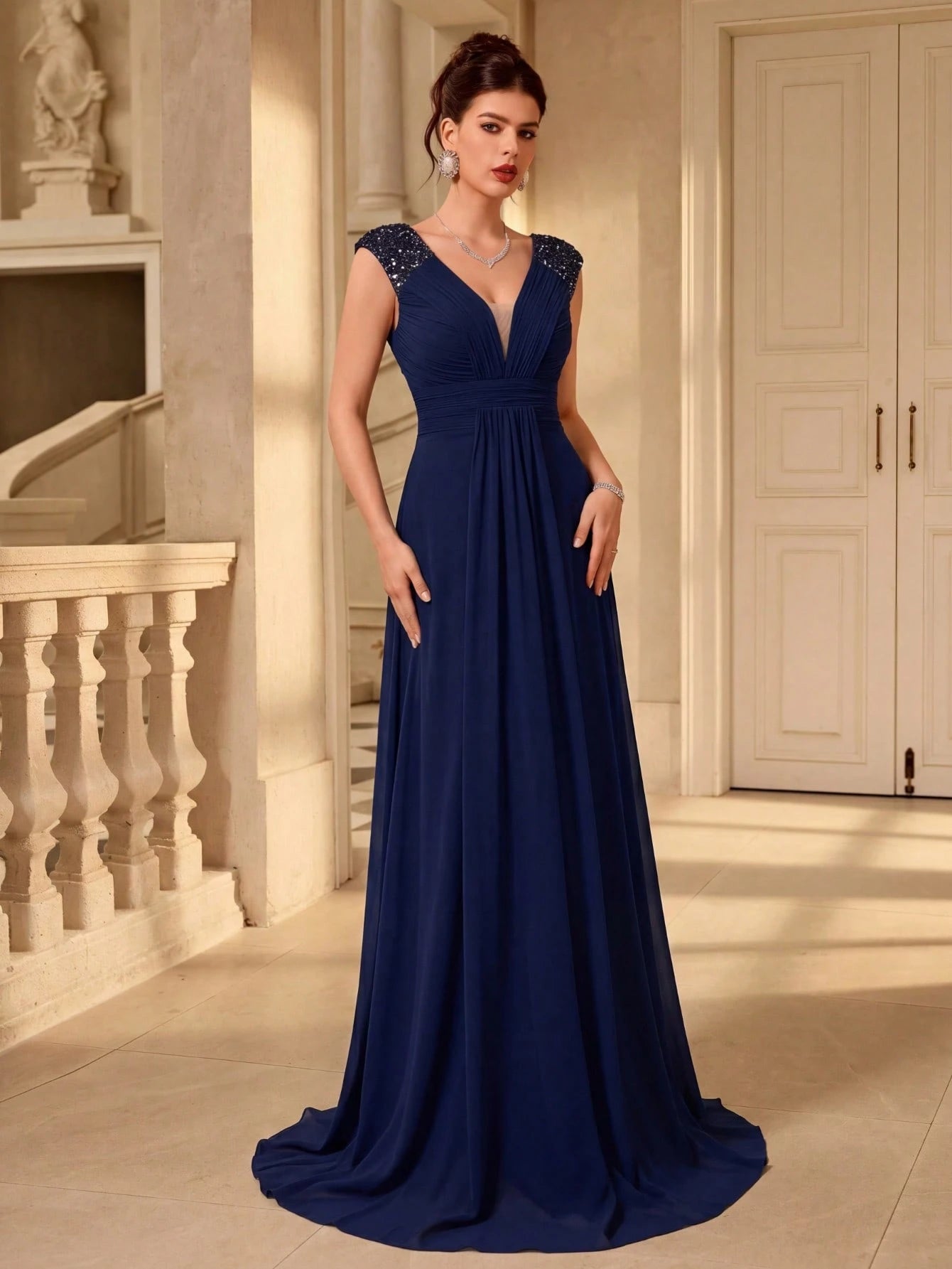 UNITHORSE V-Neck Ruffle Sleeve Pleated Leaf Net Mesh Splice Party Evening Dress Wedding - image 12