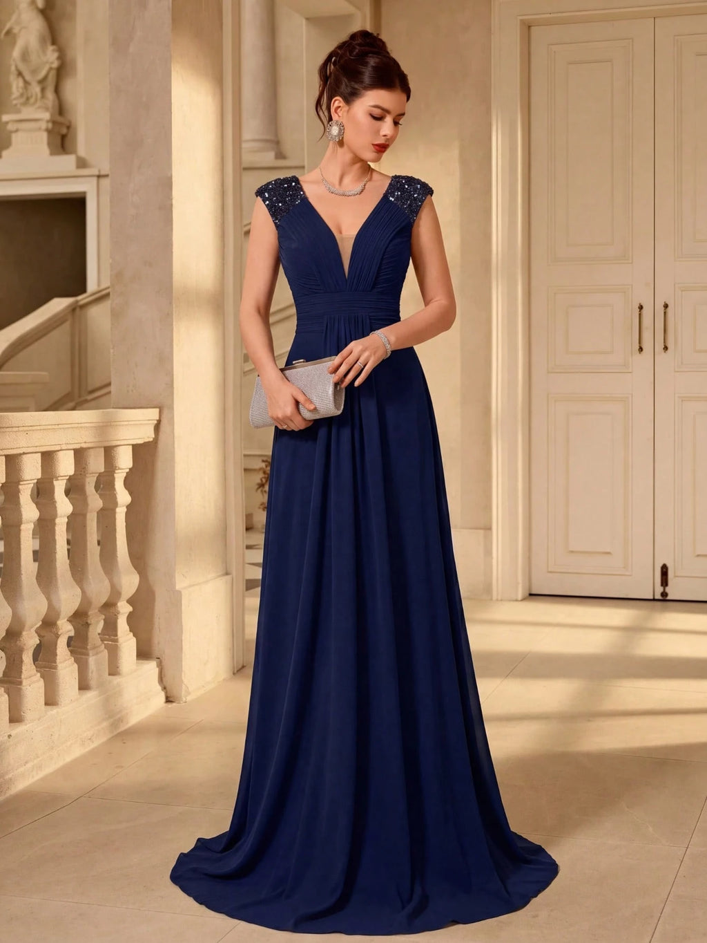 UNITHORSE V-Neck Ruffle Sleeve Pleated Leaf Net Mesh Splice Party Evening Dress Wedding - image 11