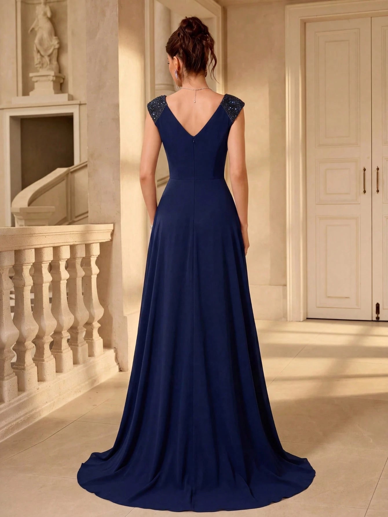 UNITHORSE V-Neck Ruffle Sleeve Pleated Leaf Net Mesh Splice Party Evening Dress Wedding - image 9