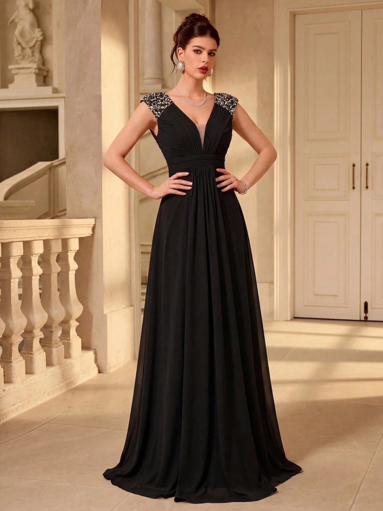 UNITHORSE V-Neck Ruffle Sleeve Pleated Leaf Net Mesh Splice Party Evening Dress Wedding - image 18