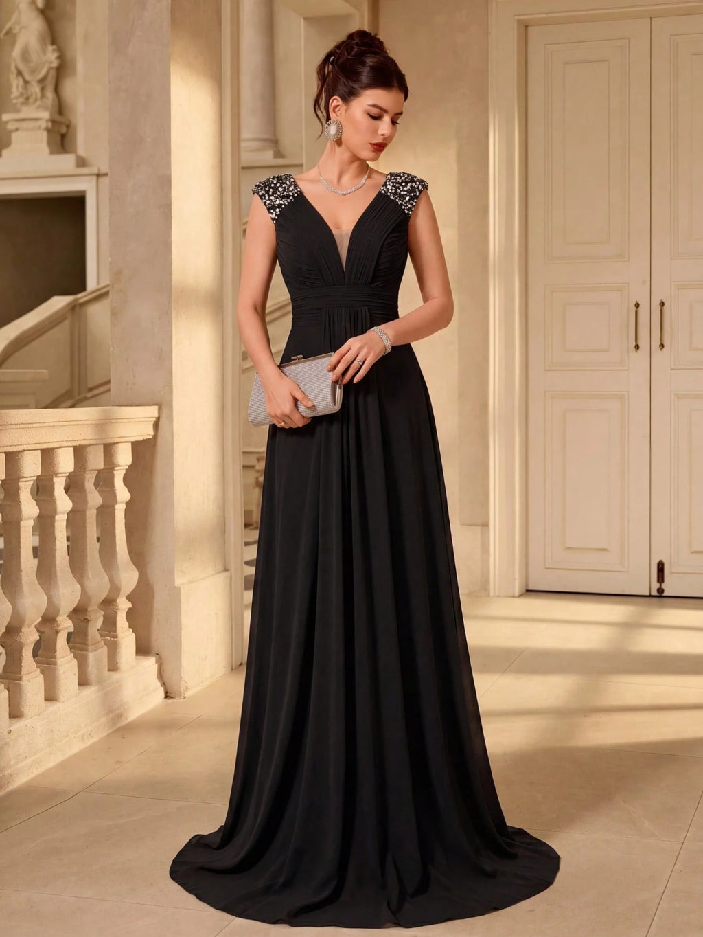 UNITHORSE V-Neck Ruffle Sleeve Pleated Leaf Net Mesh Splice Party Evening Dress Wedding - image 19