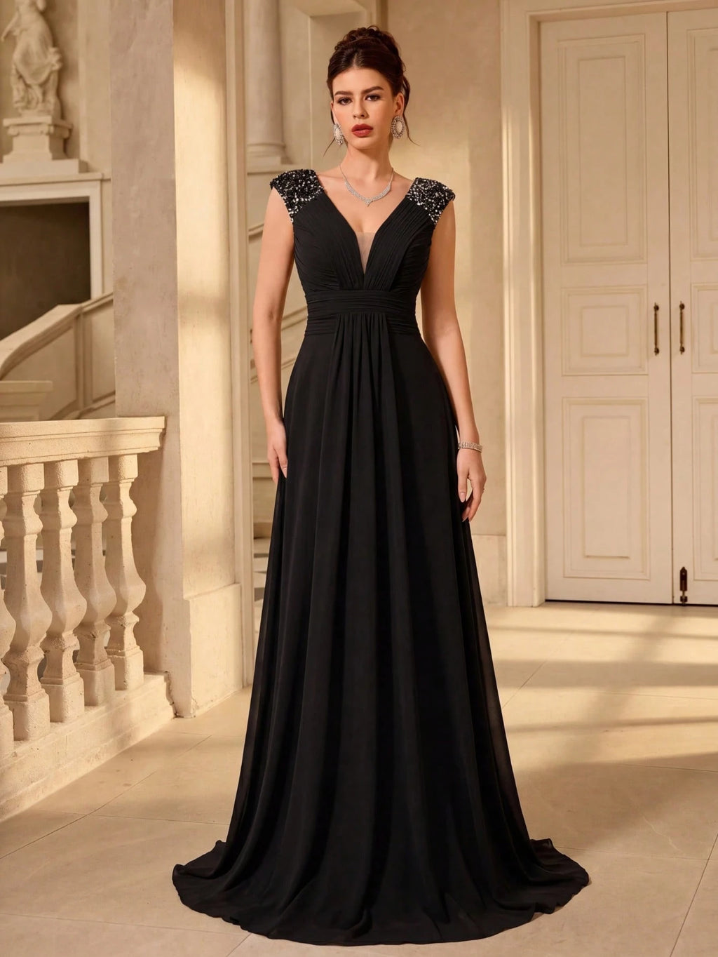 UNITHORSE V-Neck Ruffle Sleeve Pleated Leaf Net Mesh Splice Party Evening Dress Wedding - image 20