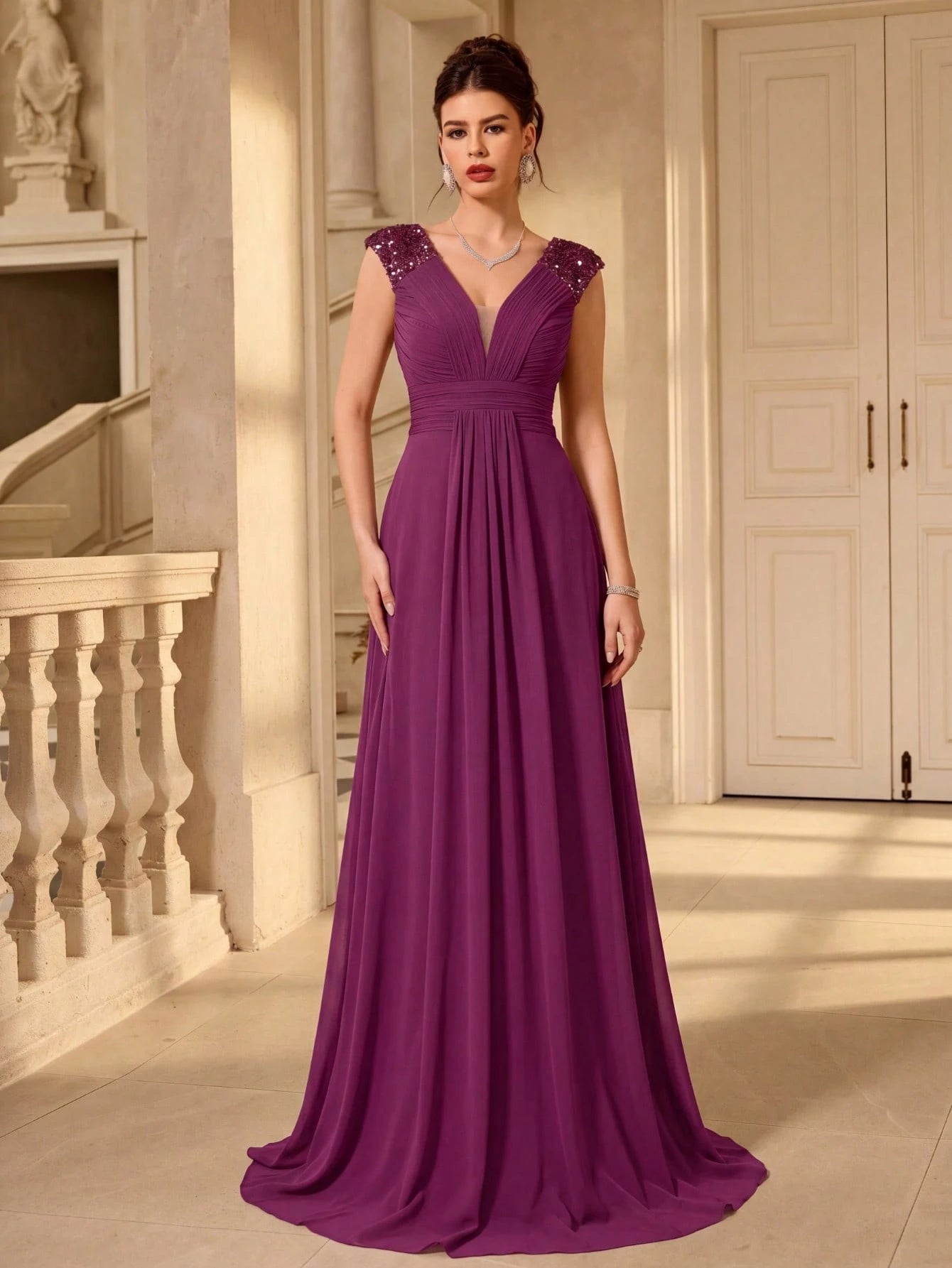 UNITHORSE V-Neck Ruffle Sleeve Pleated Leaf Net Mesh Splice Party