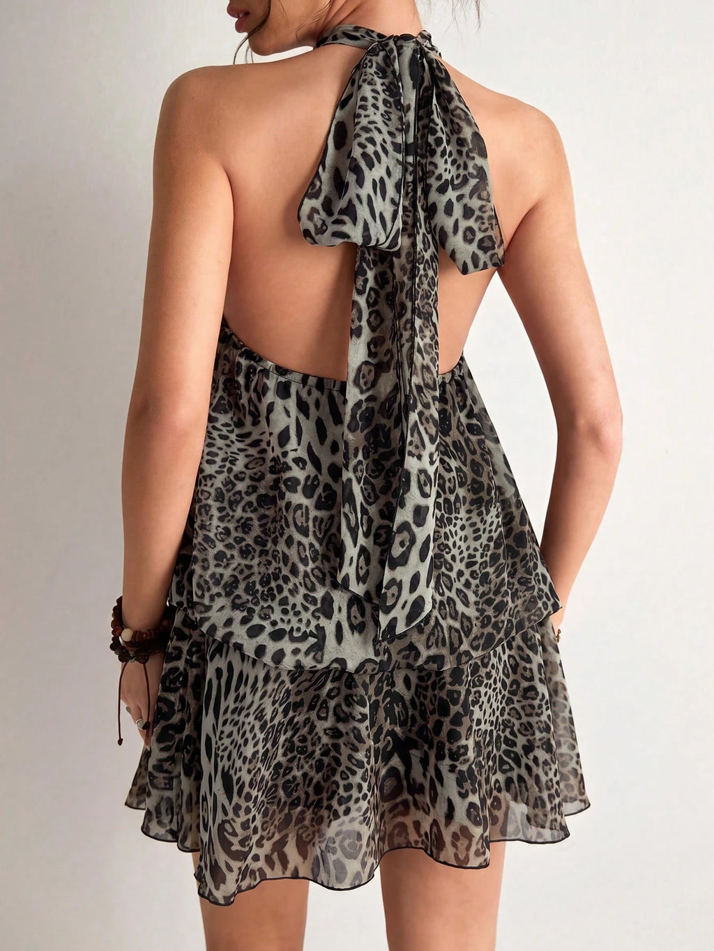 Freevana Women's Sexy Backless Knot Halter Mini Dress With Leopard