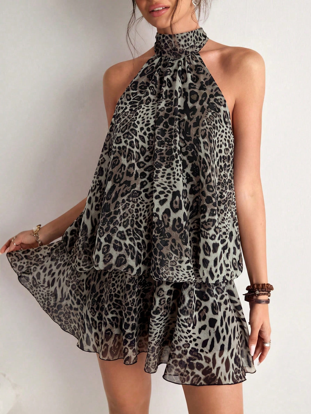 Freevana Women's Sexy Backless Knot Halter Mini Dress With Leopard