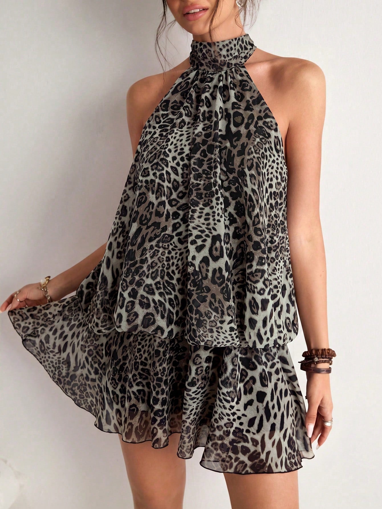 Freevana Women's Sexy Backless Knot Halter Mini Dress With Leopard