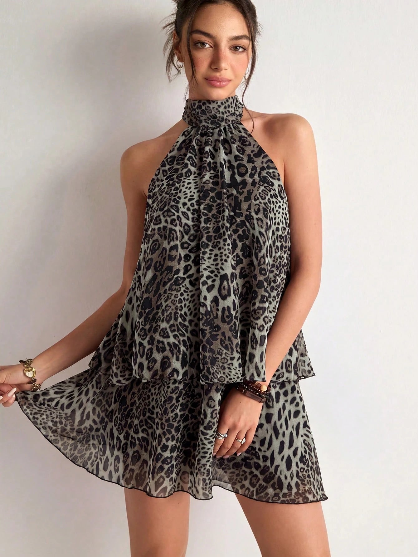 Freevana Women's Sexy Backless Knot Halter Mini Dress With Leopard