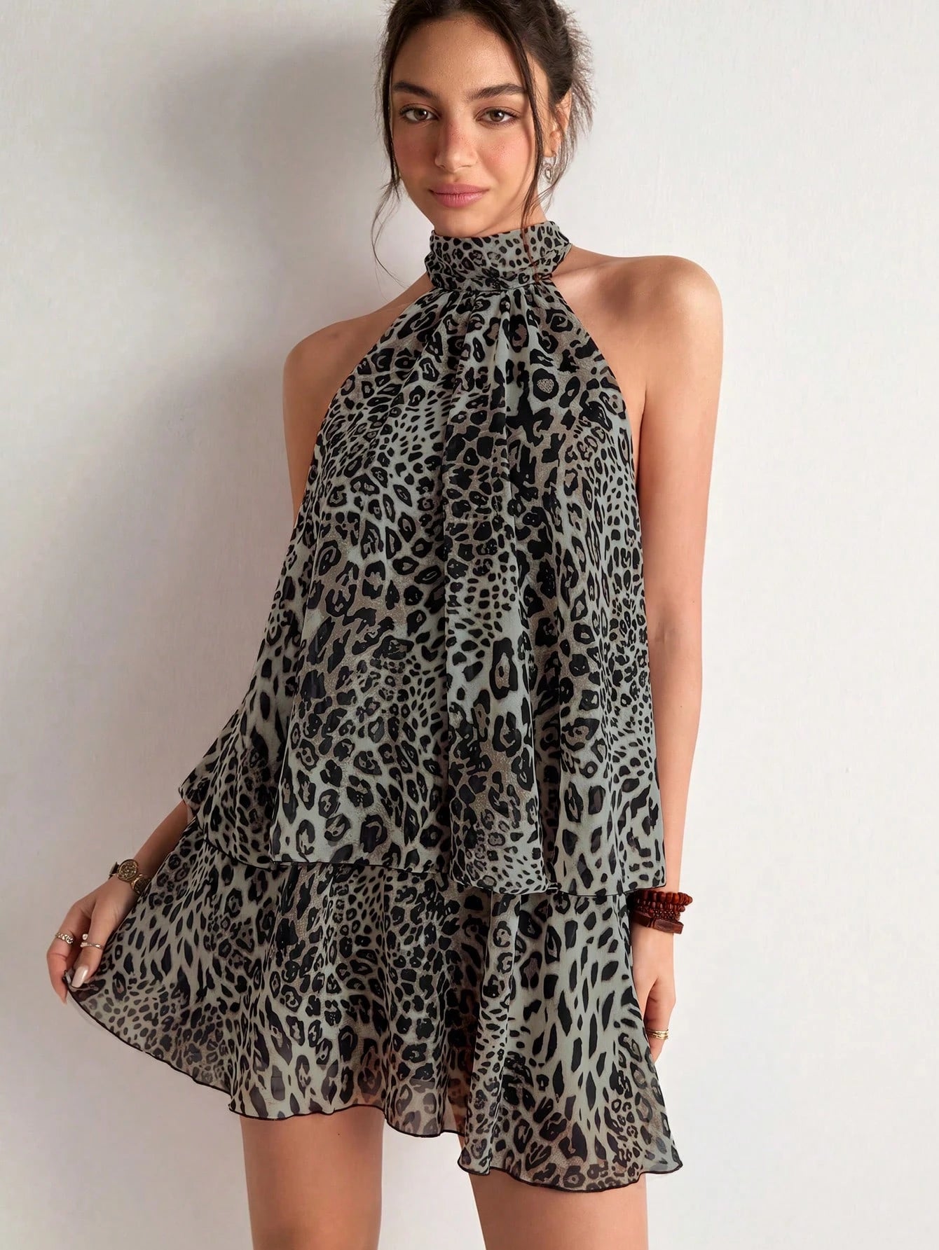 Freevana Women's Sexy Backless Knot Halter Mini Dress With Leopard