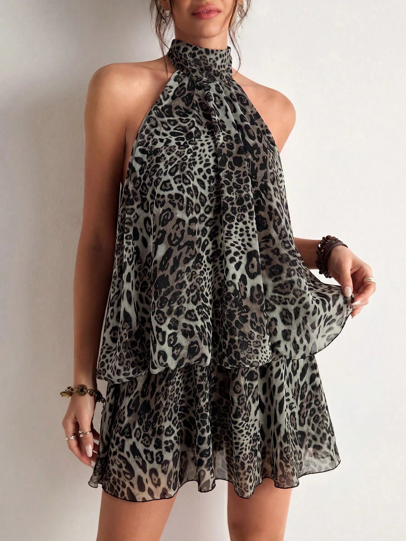 Freevana Women's Sexy Backless Knot Halter Mini Dress With Leopard