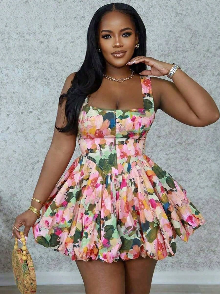 Xixi' Boudoir 2026 Stylish U Neck Floral Bubble Hem Dress Summer