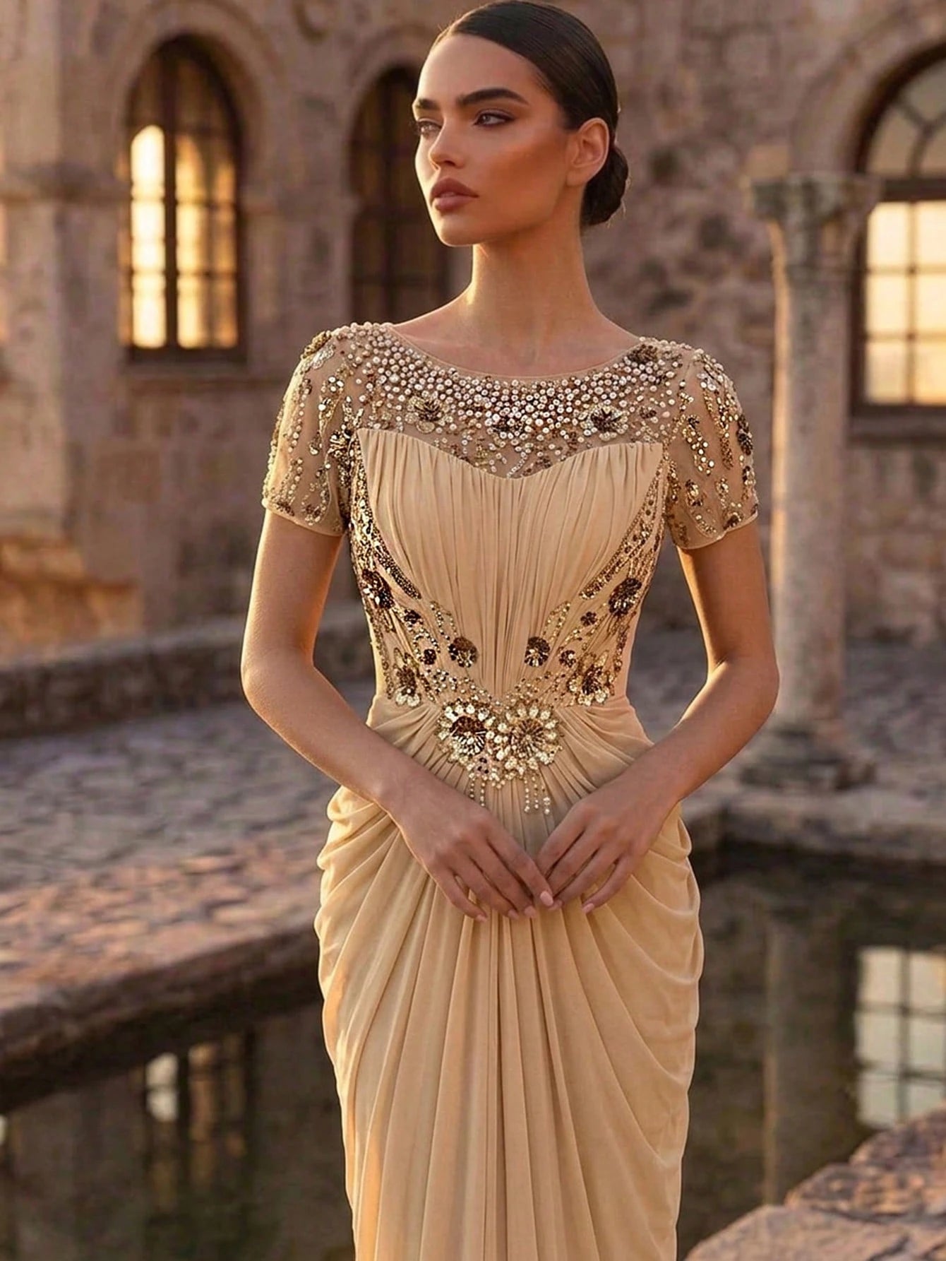 Serin Elegant Champagne Gold Winter Maxi Dress,Luxurious Beaded Lace Applique Mesh Ruched Sleeve Formal Gowns - image 3