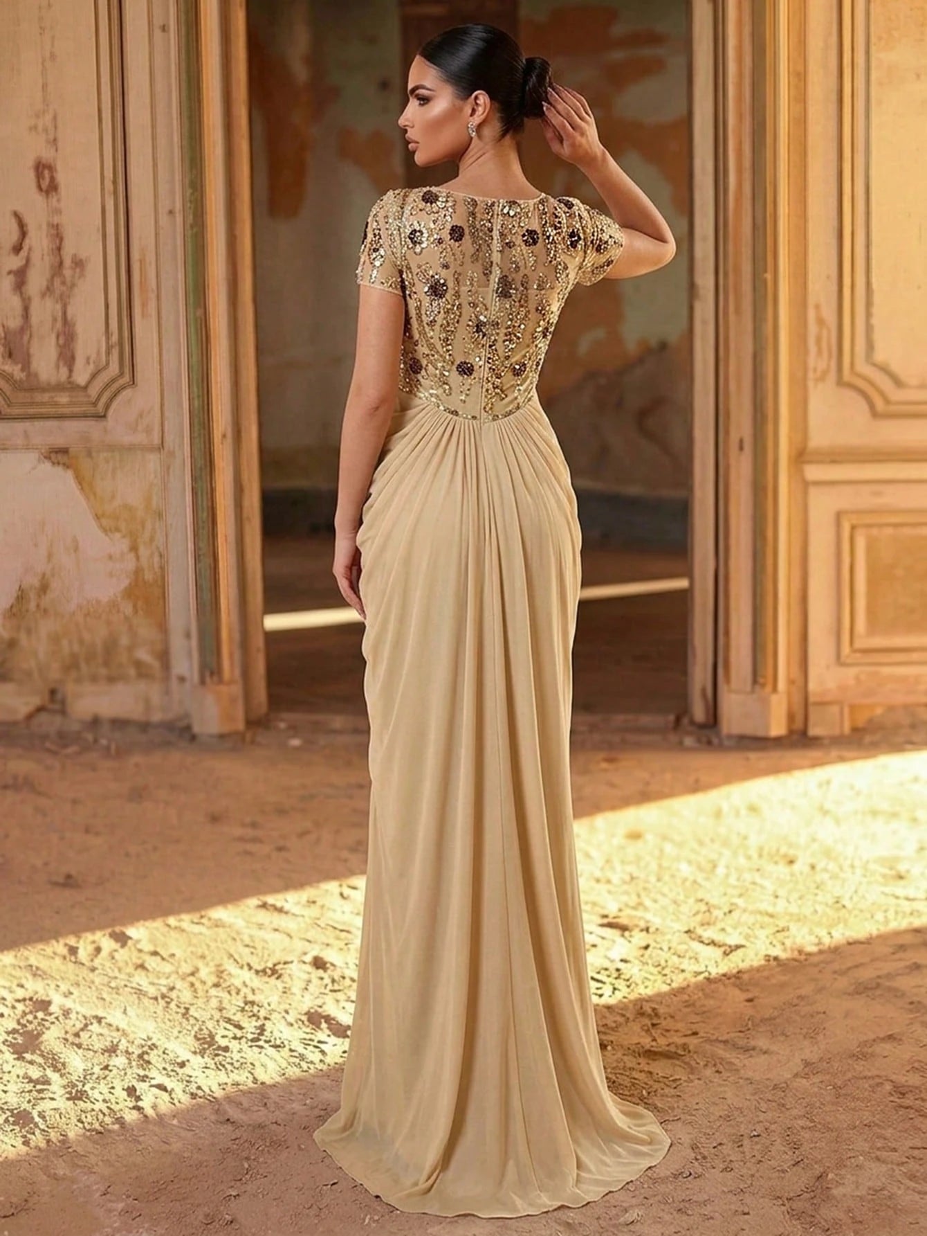 Serin Elegant Champagne Gold Winter Maxi Dress,Luxurious Beaded Lace Applique Mesh Ruched Sleeve Formal Gowns - image 5