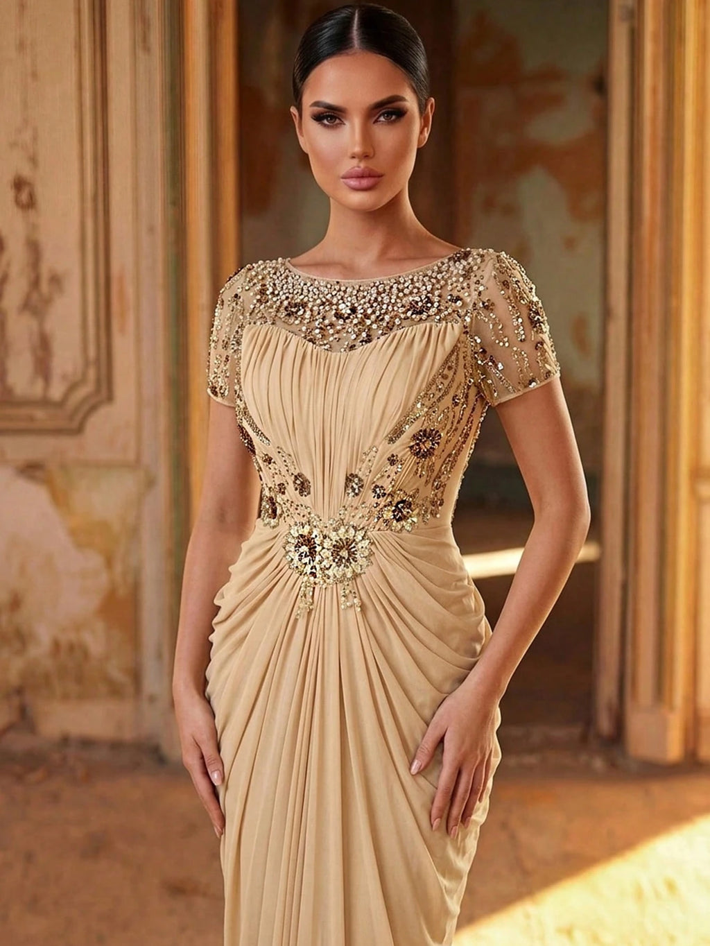 Serin Elegant Champagne Gold Winter Maxi Dress,Luxurious Beaded Lace Applique Mesh Ruched Sleeve Formal Gowns