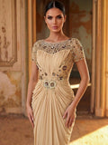 Serin Elegant Champagne Gold Winter Maxi Dress,Luxurious Beaded Lace Applique Mesh Ruched Sleeve Formal Gowns