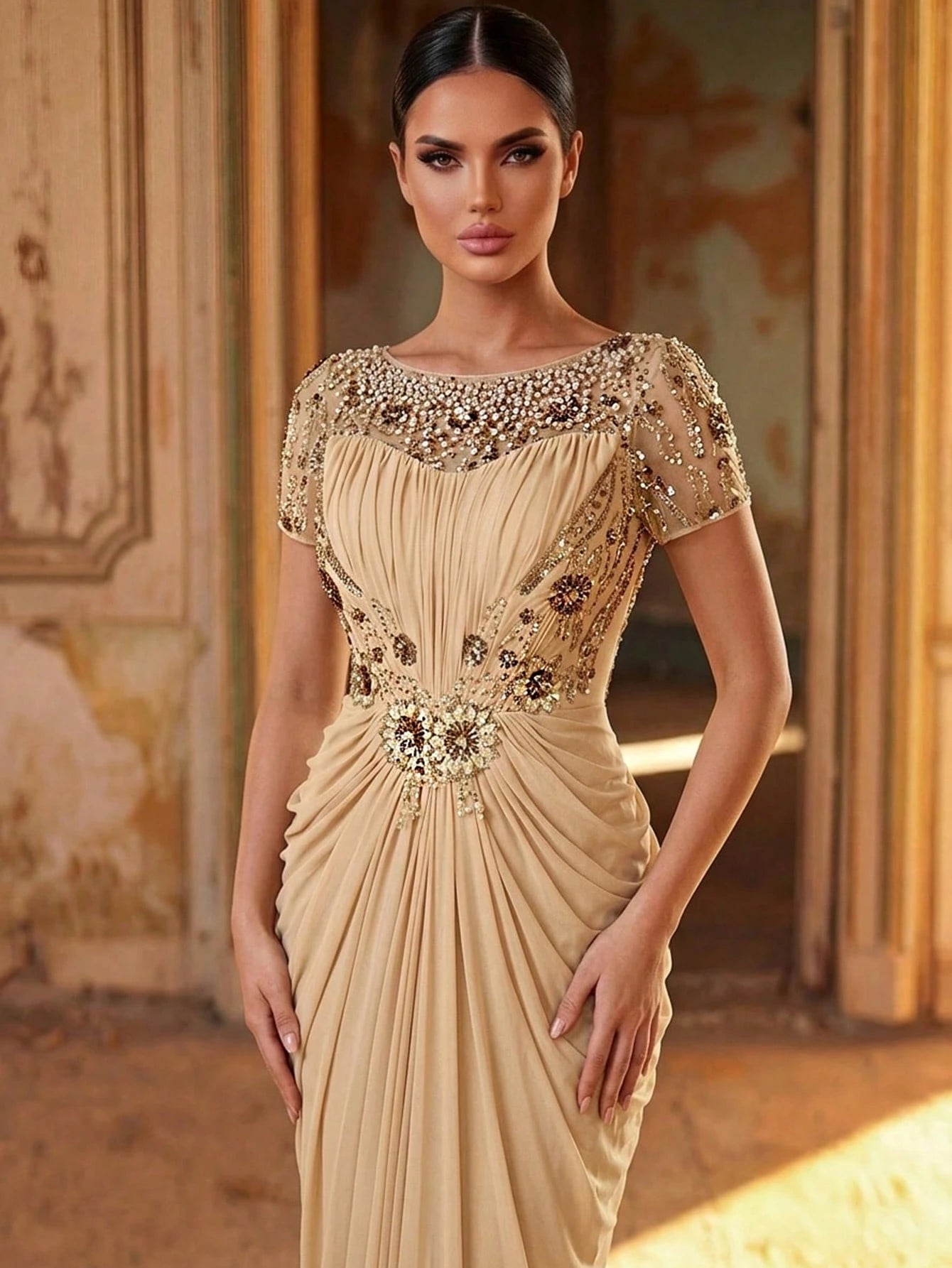 Serin Elegant Champagne Gold Winter Maxi Dress,Luxurious Beaded Lace Applique Mesh Ruched Sleeve Formal Gowns