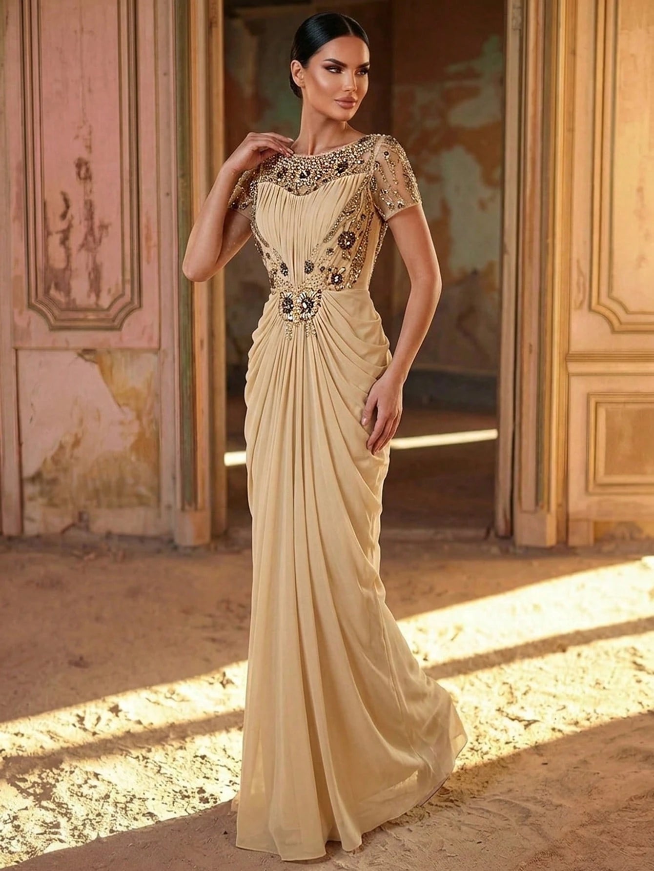 Serin Elegant Champagne Gold Winter Maxi Dress,Luxurious Beaded Lace Applique Mesh Ruched Sleeve Formal Gowns - image 4