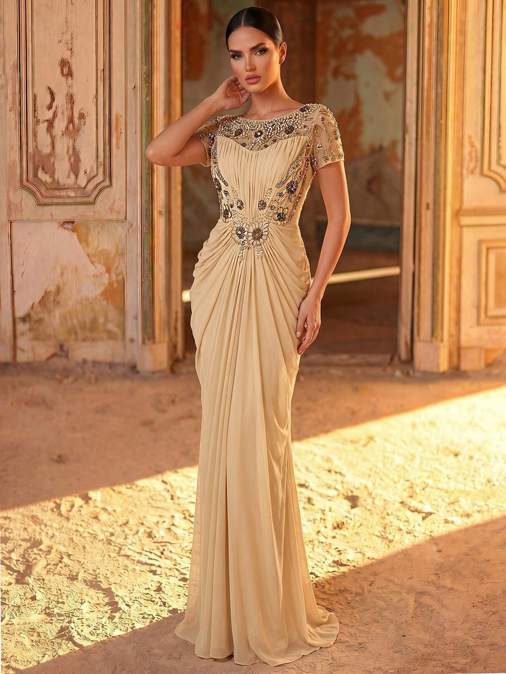 Serin Elegant Champagne Gold Winter Maxi Dress,Luxurious Beaded Lace Applique Mesh Ruched Sleeve Formal Gowns - image 7