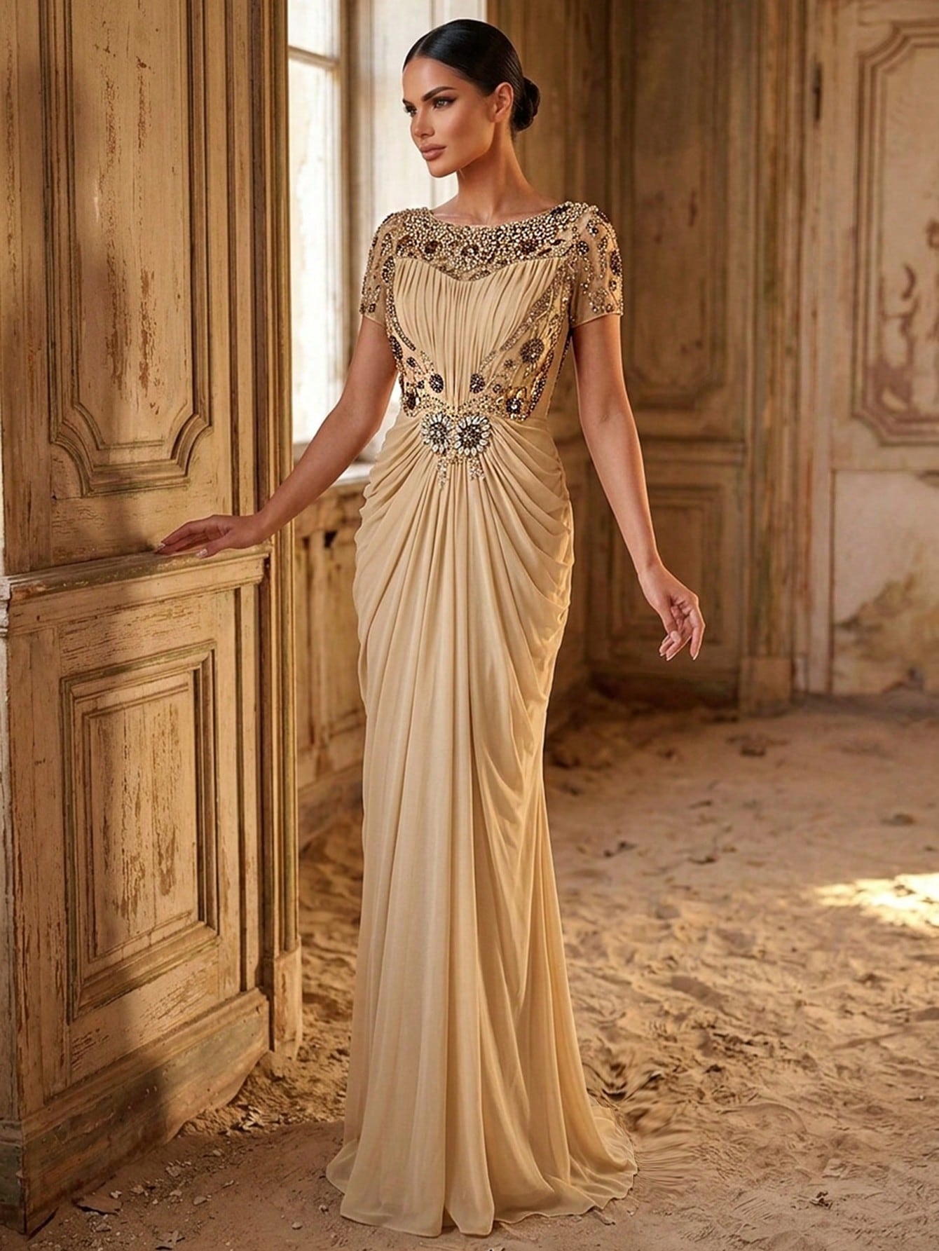 Serin Elegant Champagne Gold Winter Maxi Dress,Luxurious Beaded Lace Applique Mesh Ruched Sleeve Formal Gowns - image 2