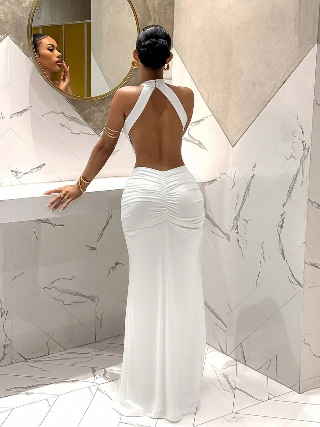 Slaydiva Women's White Backless Long Dress, Elegant Sexy Polka Dot French Style Summer Wedding Guest Dinner - image 2