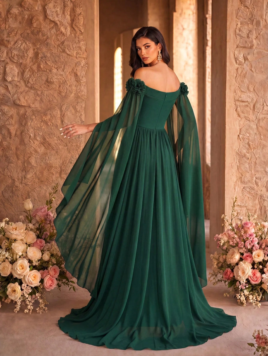 SUPGIR Off Shoulder Cape With Big Loose Sleeves, Pleated Waist, Floral Decor, Elegant Chiffon Dress Wedding - image 3
