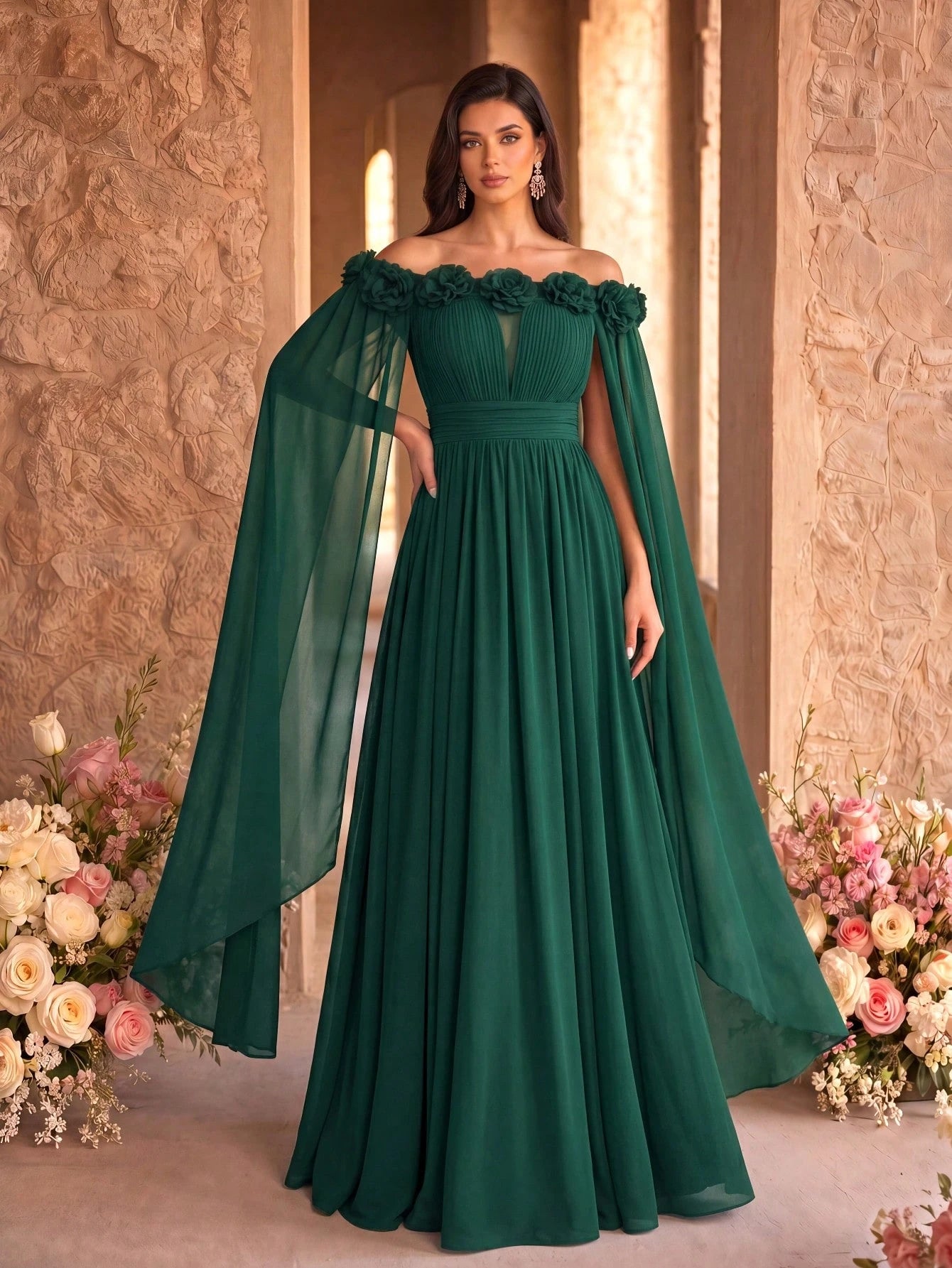 SUPGIR Off Shoulder Cape With Big Loose Sleeves, Pleated Waist, Floral Decor, Elegant Chiffon Dress Wedding - image 5