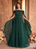 SUPGIR Off Shoulder Cape With Big Loose Sleeves, Pleated Waist, Floral Decor, Elegant Chiffon Dress Wedding