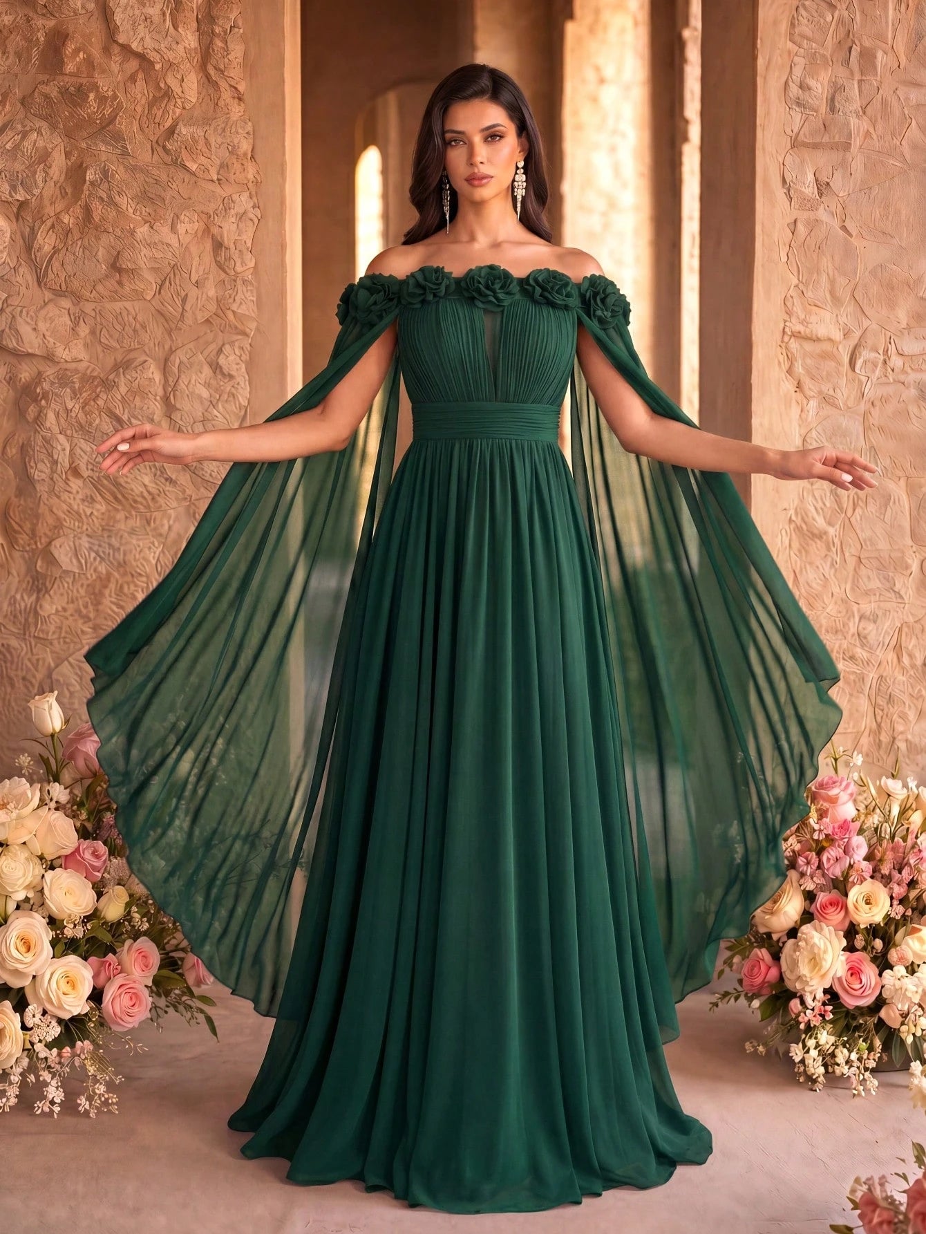 SUPGIR Off Shoulder Cape With Big Loose Sleeves, Pleated Waist, Floral Decor, Elegant Chiffon Dress Wedding - image 6