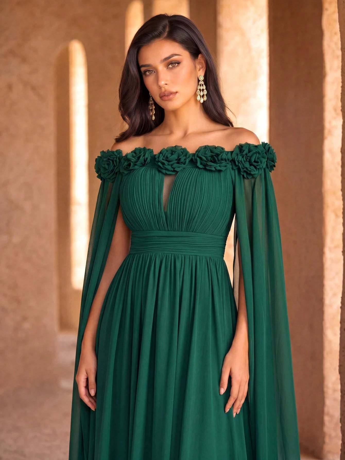 SUPGIR Off Shoulder Cape With Big Loose Sleeves, Pleated Waist, Floral Decor, Elegant Chiffon Dress Wedding - image 4
