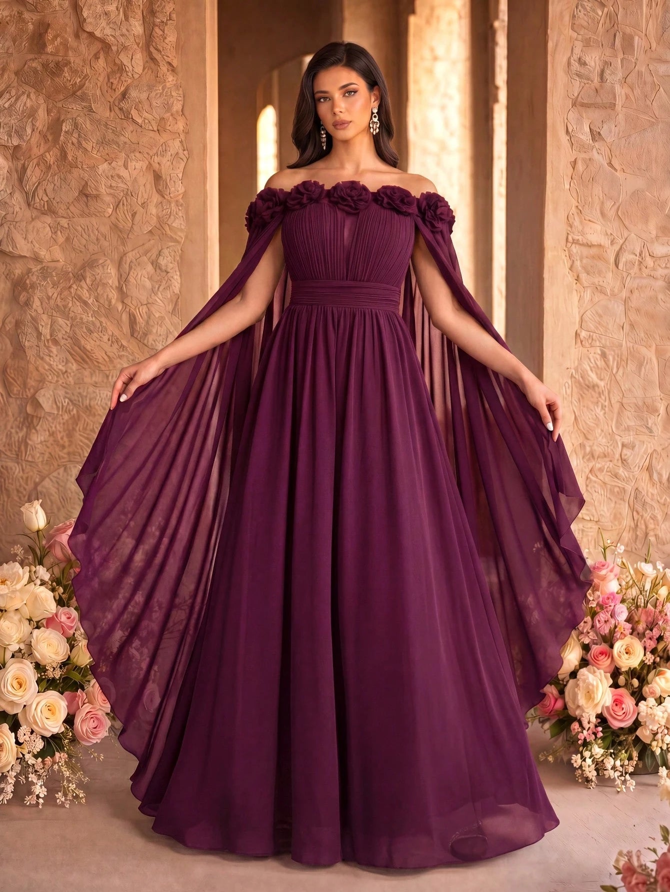 SUPGIR Off Shoulder Cape With Big Loose Sleeves, Pleated Waist, Floral Decor, Elegant Chiffon Dress Wedding - image 10
