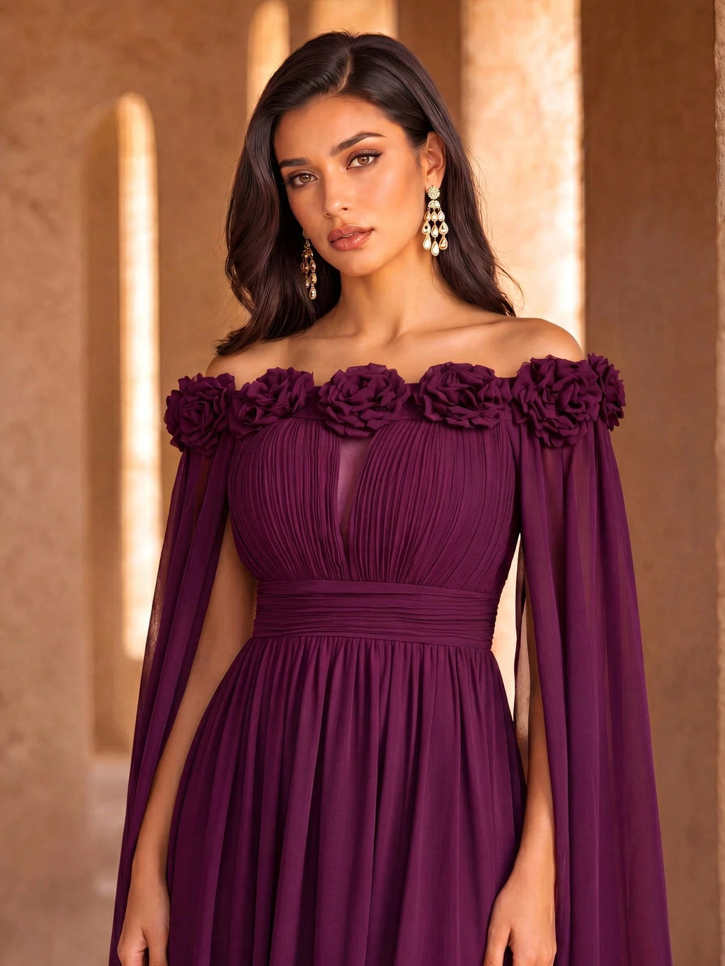 SUPGIR Off Shoulder Cape With Big Loose Sleeves, Pleated Waist, Floral Decor, Elegant Chiffon Dress Wedding - image 14