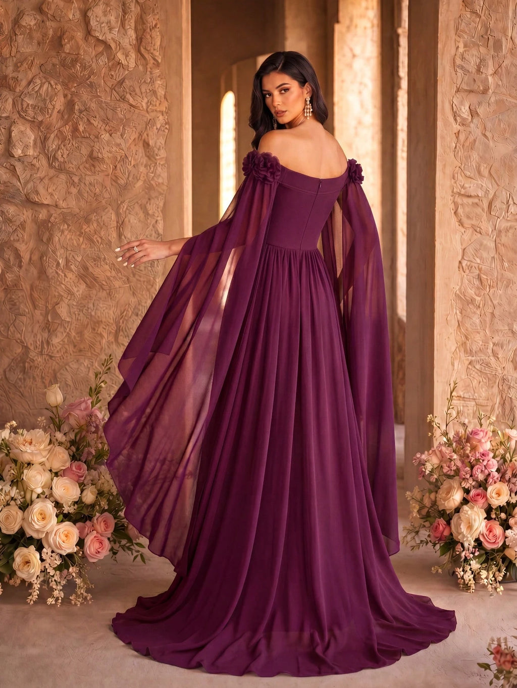 SUPGIR Off Shoulder Cape With Big Loose Sleeves, Pleated Waist, Floral Decor, Elegant Chiffon Dress Wedding - image 12