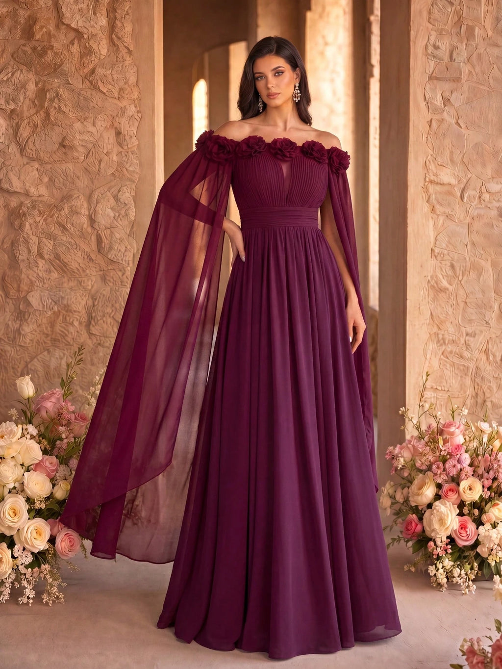 SUPGIR Off Shoulder Cape With Big Loose Sleeves, Pleated Waist, Floral Decor, Elegant Chiffon Dress Wedding - image 13