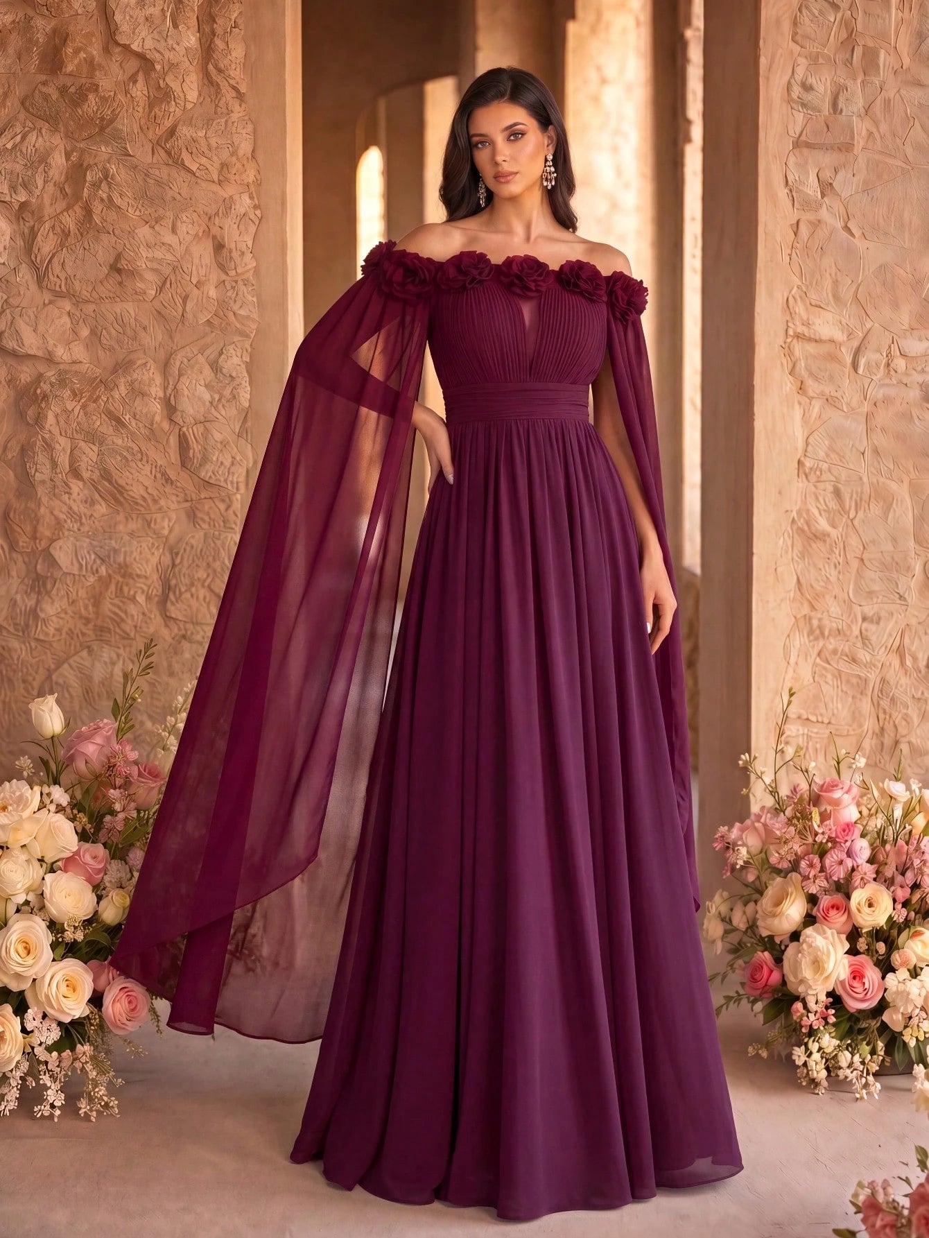 SUPGIR Off Shoulder Cape With Big Loose Sleeves, Pleated Waist, Floral Decor, Elegant Chiffon Dress Wedding - image 13
