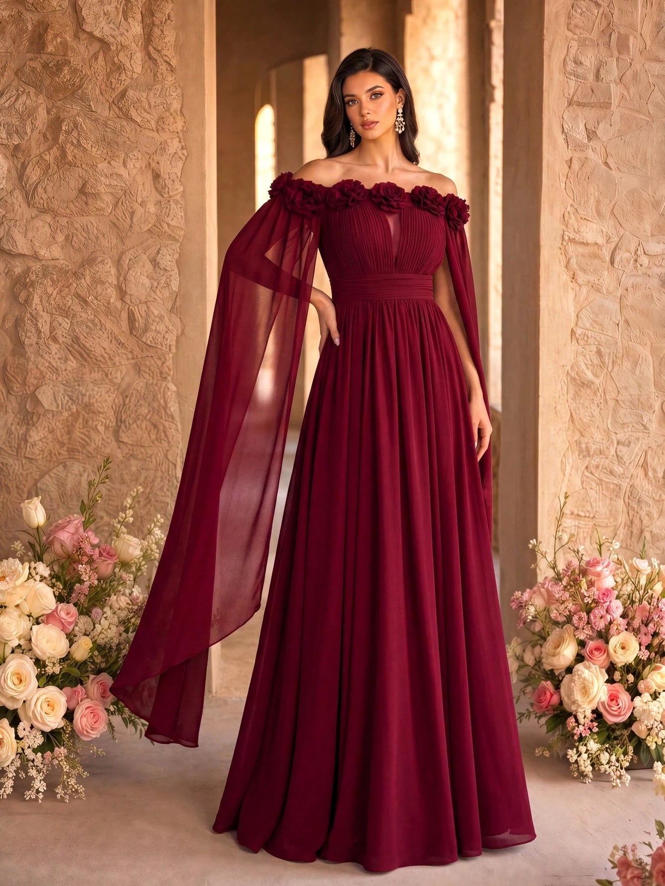 SUPGIR Off Shoulder Cape With Big Loose Sleeves, Pleated Waist, Floral Decor, Elegant Chiffon Dress Wedding - image 20