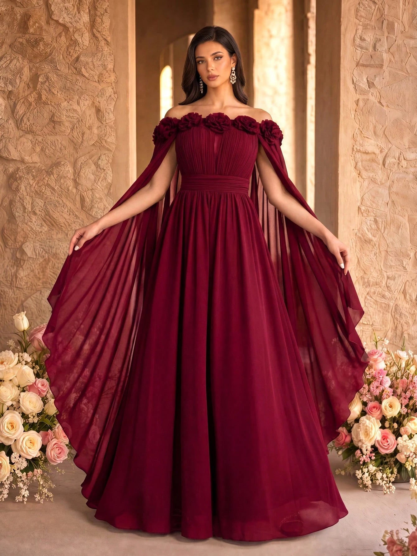 SUPGIR Off Shoulder Cape With Big Loose Sleeves, Pleated Waist, Floral Decor, Elegant Chiffon Dress Wedding - image 18