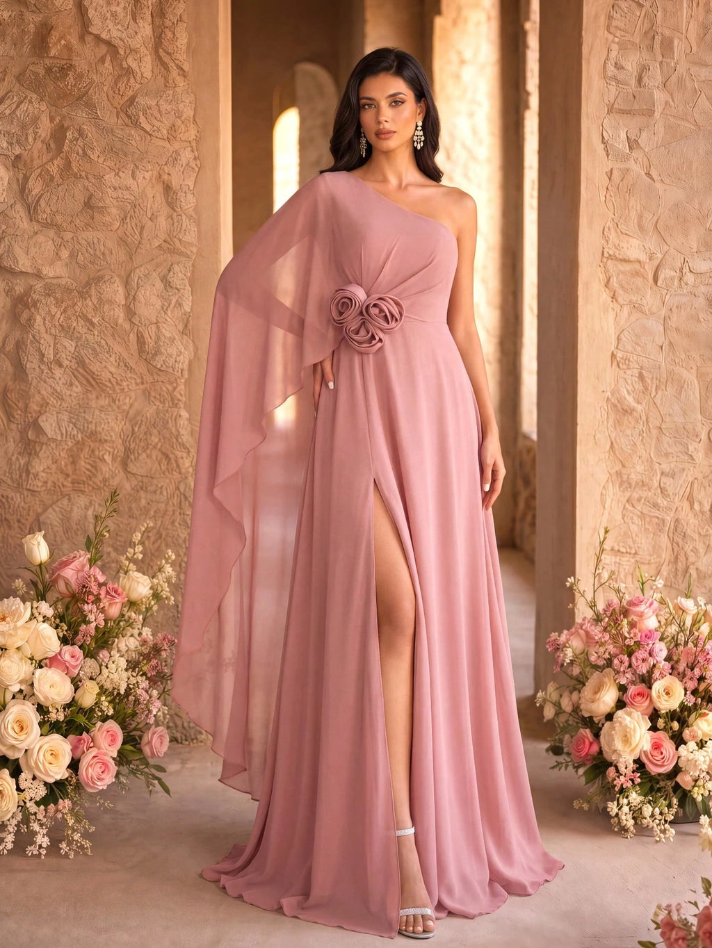 SUPGIR Floral Decor Slit Maxi Chiffon Dress With Shoulder Strap & Flounce Sleeve Wedding Spring - image 3