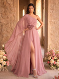 SUPGIR Floral Decor Slit Maxi Chiffon Dress With Shoulder Strap & Flounce Sleeve Wedding Spring
