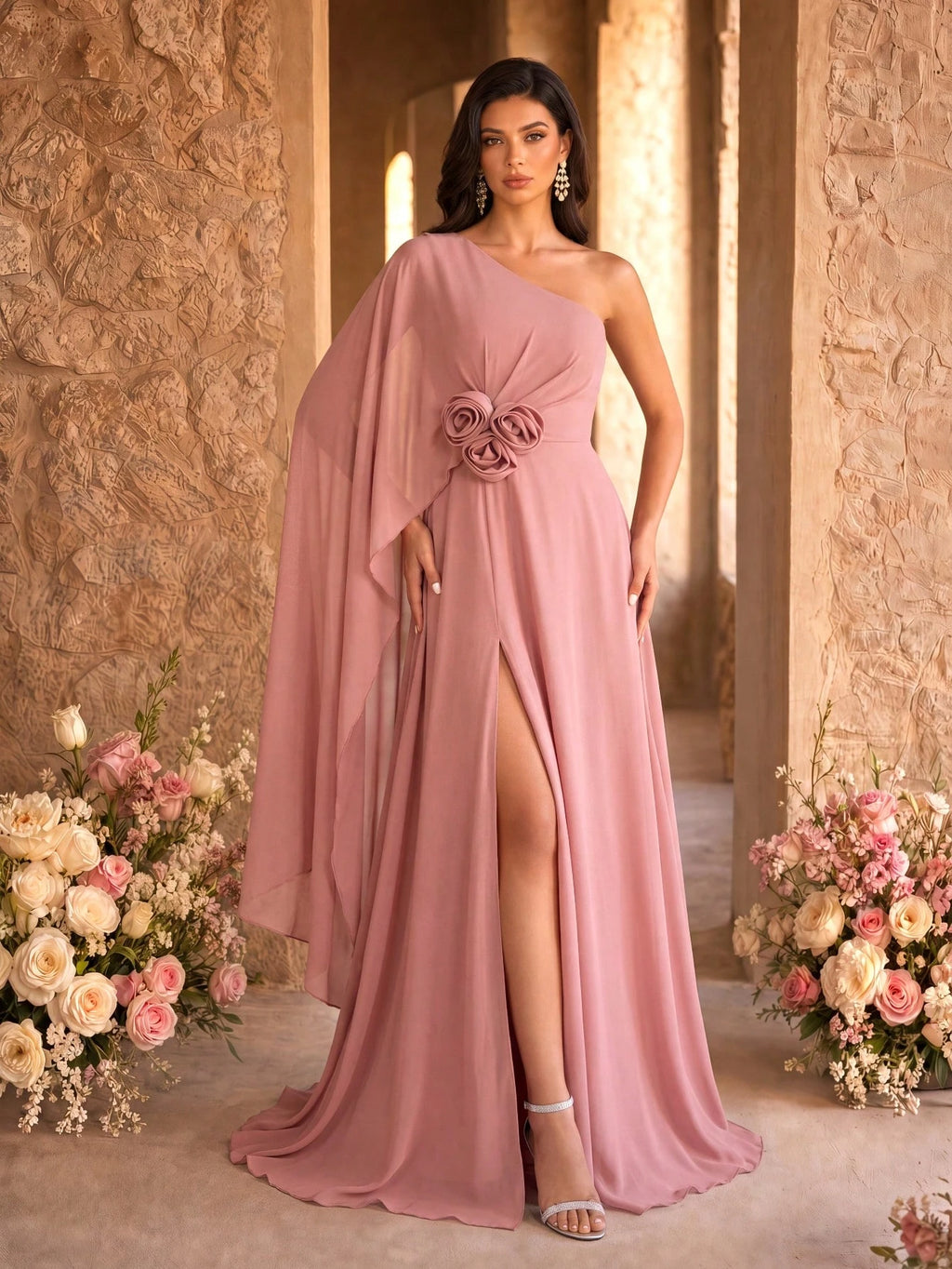 SUPGIR Floral Decor Slit Maxi Chiffon Dress With Shoulder Strap & Flounce Sleeve Wedding Spring - image 7