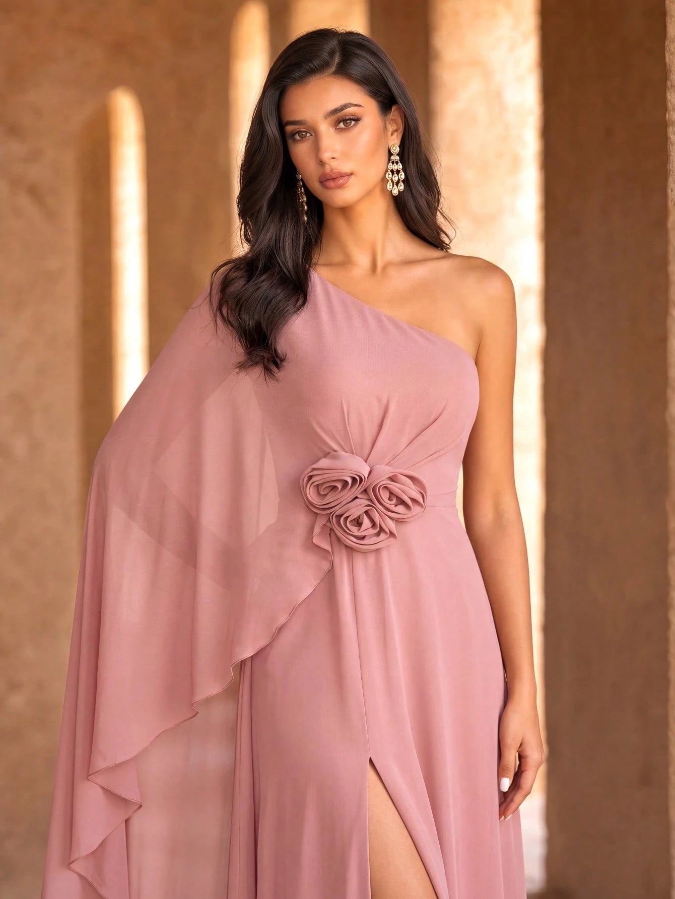 SUPGIR Floral Decor Slit Maxi Chiffon Dress With Shoulder Strap & Flounce Sleeve Wedding Spring - image 5
