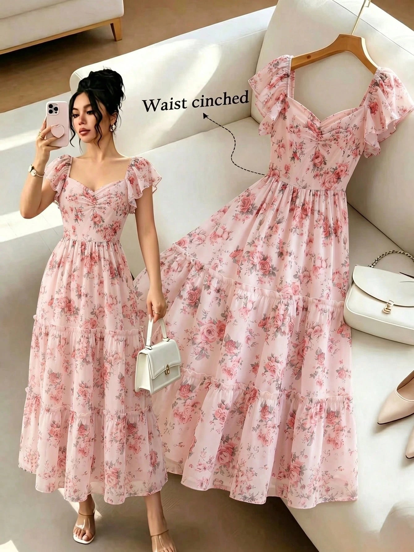 Elenzya Pink Floral Dress For Women,Summer Cottage Core Vintage