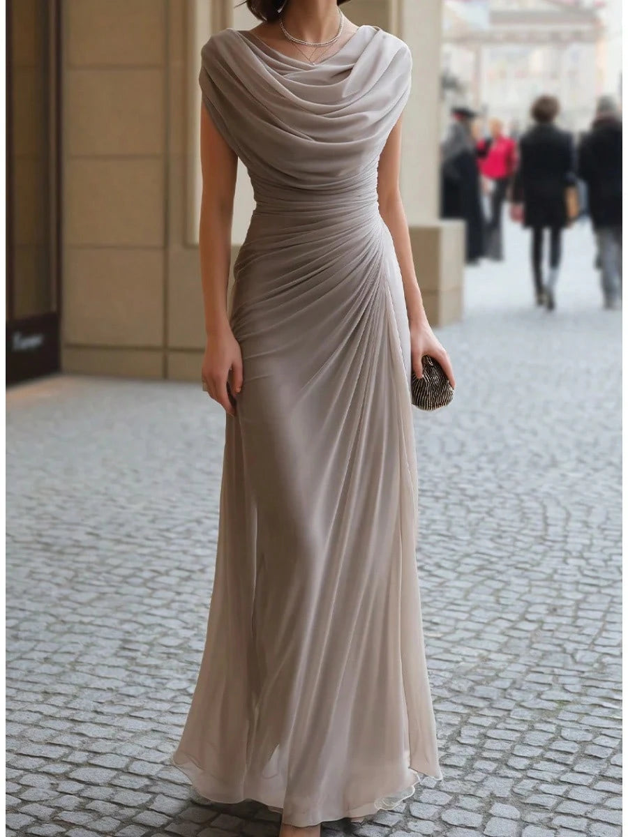 2026 European Casual Party Elegant Ruched Cowl Neck Evening Dress