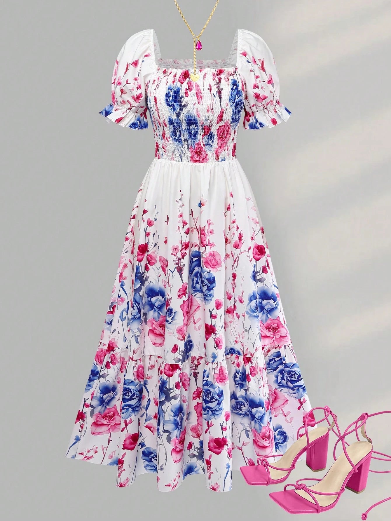 Women's Summer Vacation Floral Bright Print Waist Patchwork Dress