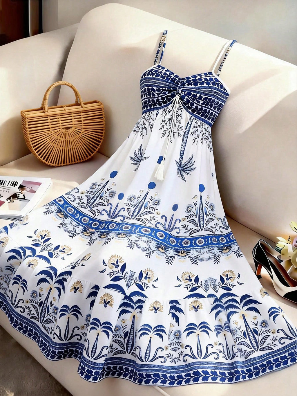 GlowEve Women's White And Blue Floral Summer Boho Beach Vacation