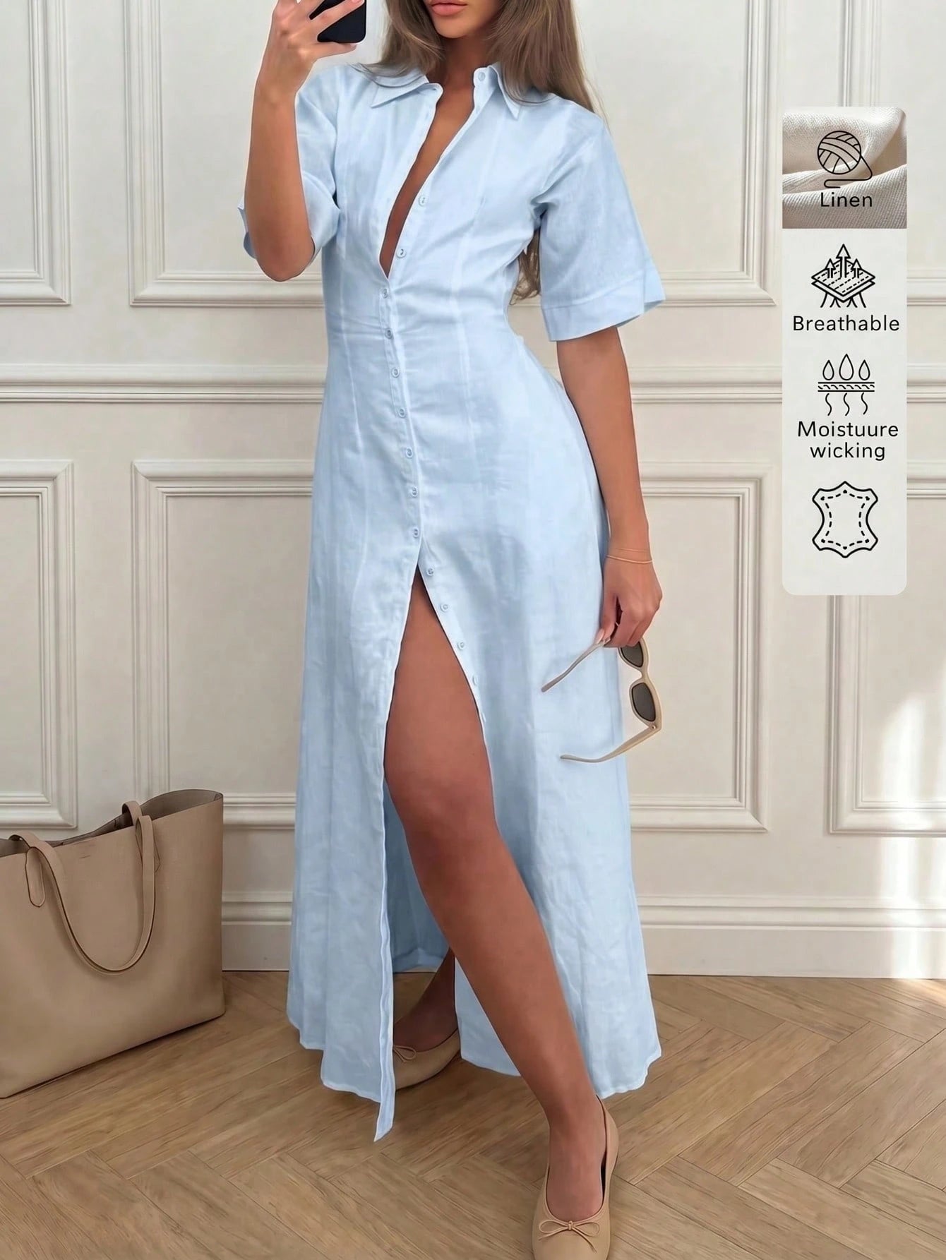 Elegant Linen Casual Commute Minimalist Office Daily Linen Dress,
