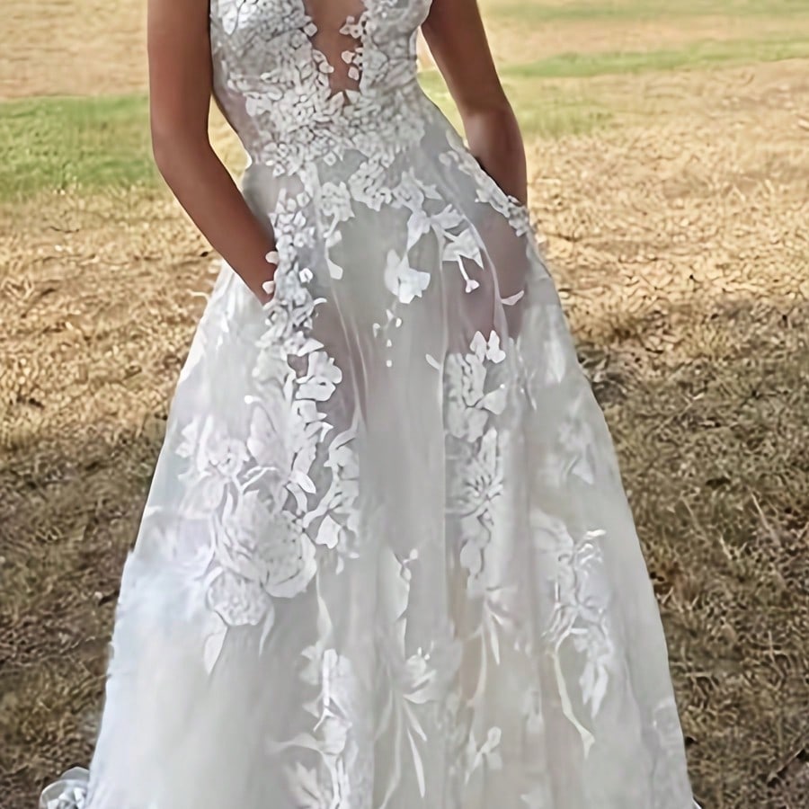 Women's Lace Applique Wedding Dress With Deep Sheer Tulle A-Line Floor-Length Gown - Sleeveless Bridal Dress - image 3