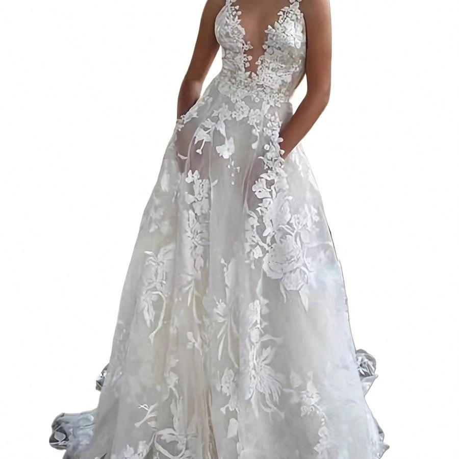 Women's Lace Applique Wedding Dress With Deep Sheer Tulle A-Line Floor-Length Gown - Sleeveless Bridal Dress - image 2