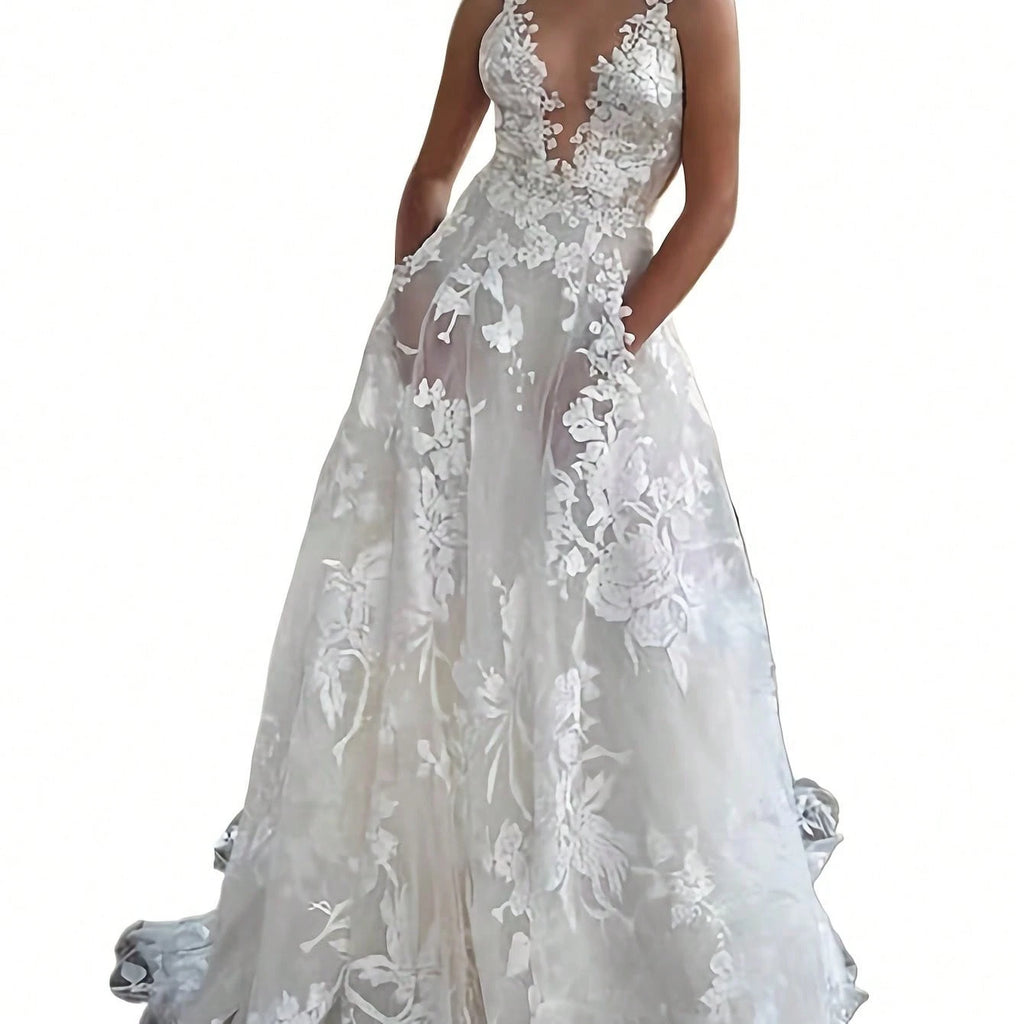 Women's Lace Applique Wedding Dress With Deep Sheer Tulle A-Line Floor-Length Gown - Sleeveless Bridal Dress