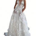 Women's Lace Applique Wedding Dress With Deep Sheer Tulle A-Line Floor-Length Gown - Sleeveless Bridal Dress