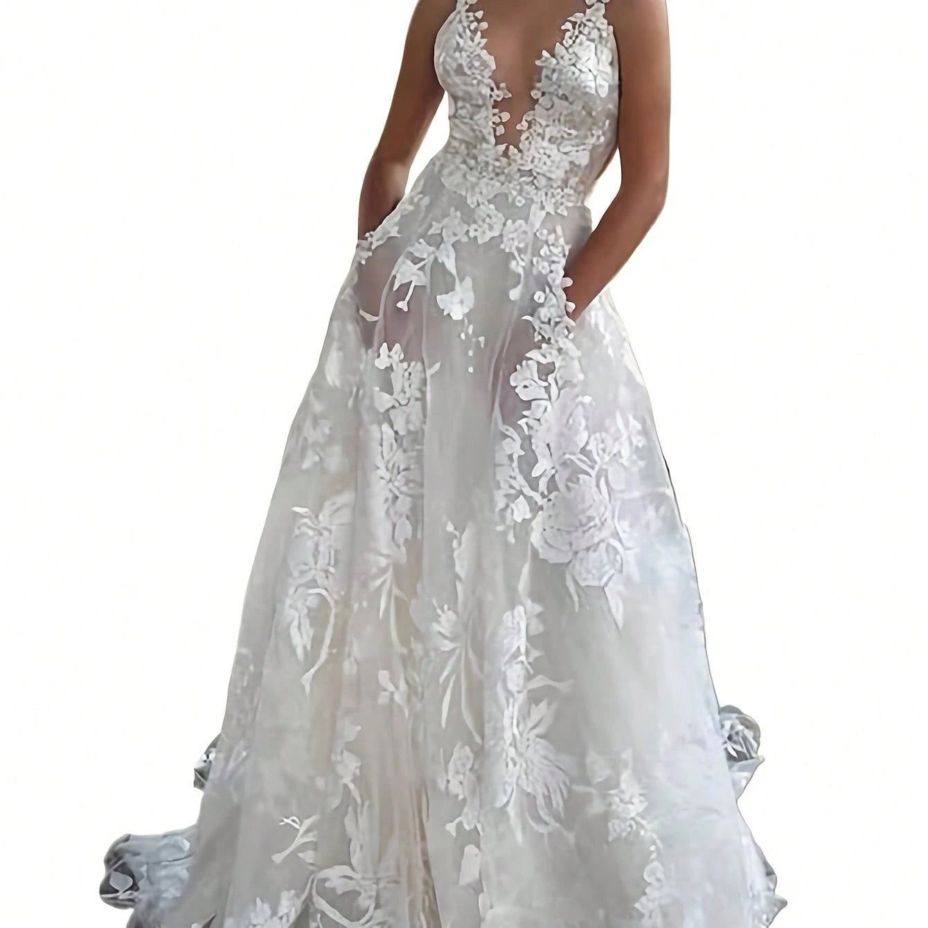 Women's Lace Applique Wedding Dress With Deep Sheer Tulle A-Line Floor-Length Gown - Sleeveless Bridal Dress