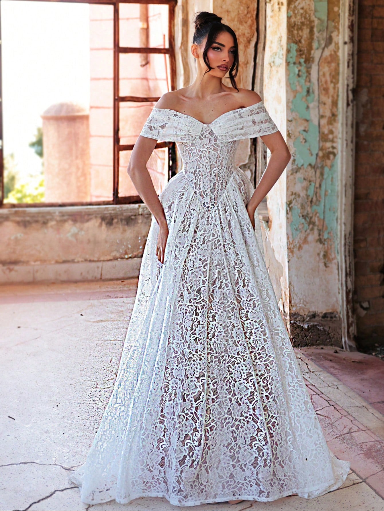 Aureia Elegant White Spring Wedding Party Formal Dress, 3D Lace Off Shoulder Strapless See-Through Mesh - image 4